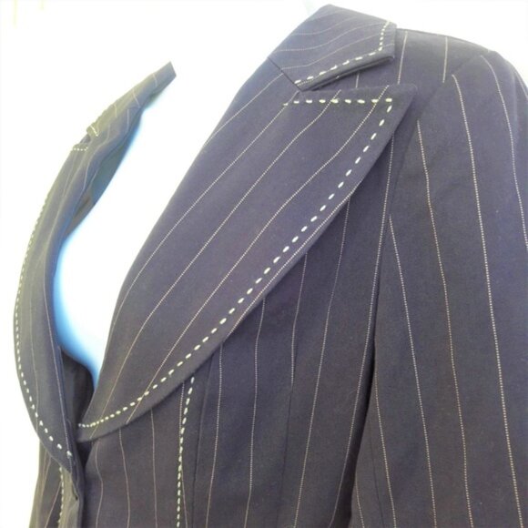 Nanette Lepore Blue Cotton Blazer Coat Pin Stripe Fitted White Top Stitching USA - Picture 5 of 7
